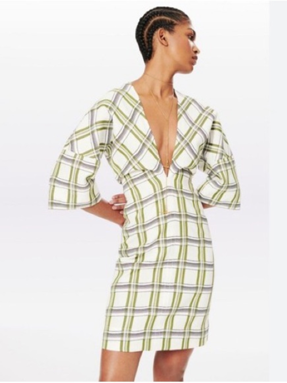 Victoria Beckham Green Plaid Deep V Mini Dress Size US 4